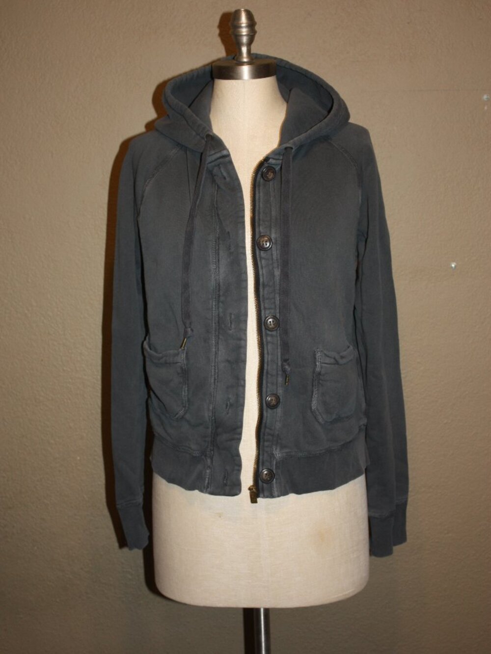 J.CREW HOODED JACKET VINTAGE FRENCH TERRY GRAY ZIPPER & BUTTON CLOSURE - LARGE
